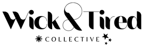 Logo of Wick & Tired Collective with stylized text and decorative elements on a white background