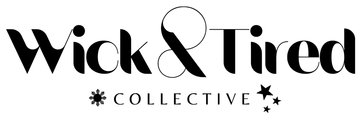 Logo of Wick & Tired Collective with stylized text and decorative elements on a white background